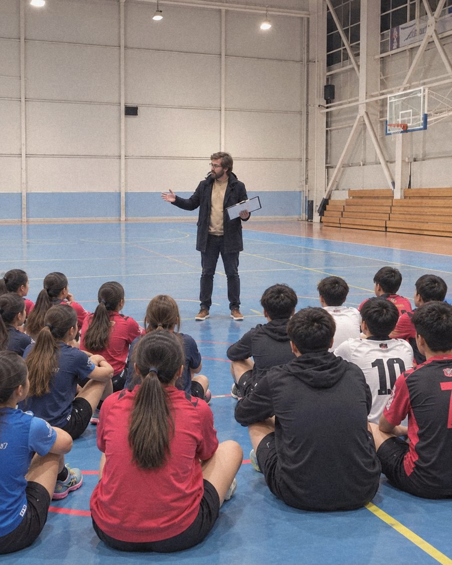 Teddy Castillo Palma dirigiendo una sesión con deportistas juveniles en gimnasio